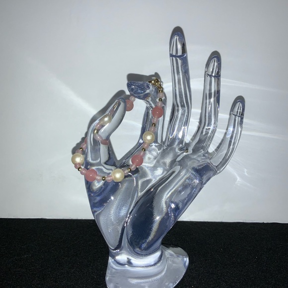 Beaded Bracelet Pink Gemstone and Imitation Pearls with Gold Tone Bead Spacers - Picture 13 of 13